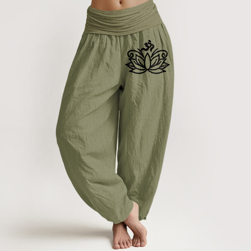 Pantalon sarouel en pur coton pour femme, taille élastique, motif symbole Om , Buddha Stones, fleur de lotus - Vert olive - US22，UK/AU26，EU54 (6XL) - image 14