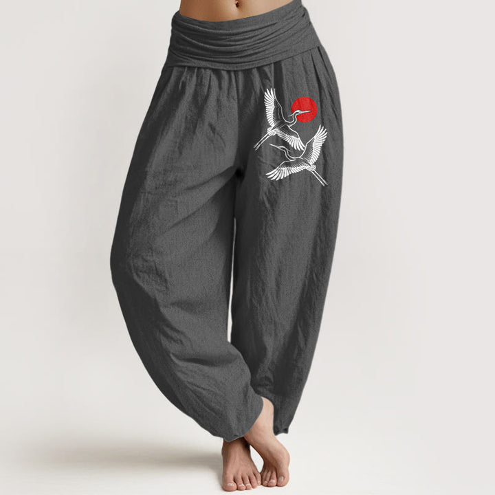 Pantalon sarouel en pur coton à taille élastique pour femme, motif Buddha Stones, soleil rouge et grues - Gris - US22，UK/AU26，EU54 (6XL) - image 8
