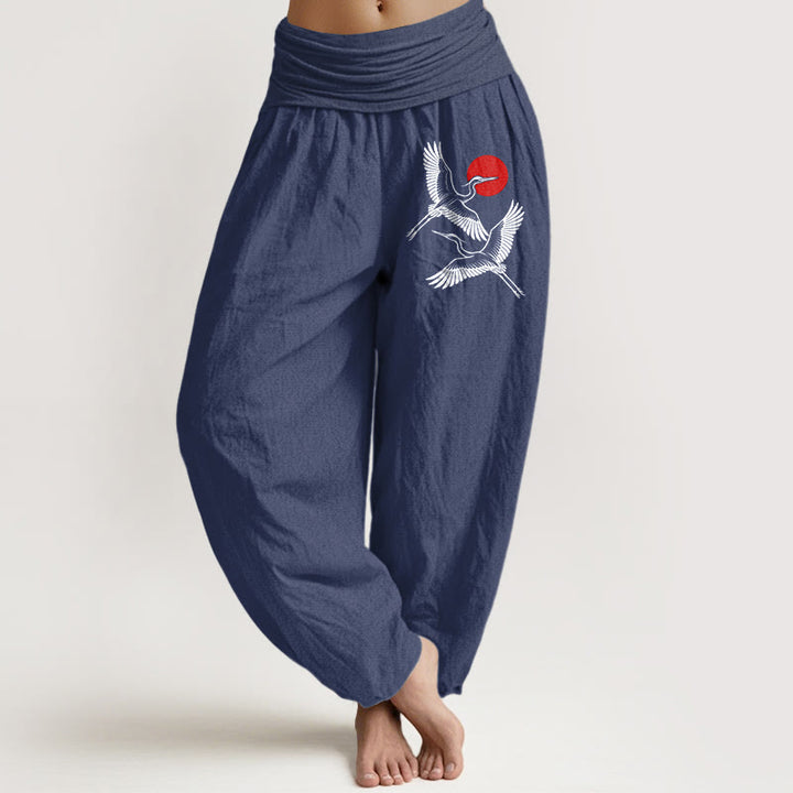 Pantalon sarouel en pur coton à taille élastique pour femme, motif Buddha Stones, soleil rouge et grues - Bleu ardoise foncé - US22，UK/AU26，EU54 (6XL) - image 5