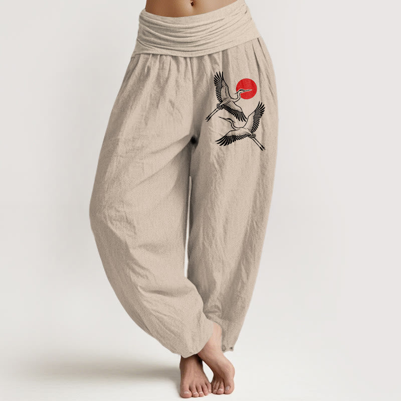 Pantalon sarouel en pur coton à taille élastique pour femme, motif Buddha Stones, soleil rouge et grues - Tanné - US22，UK/AU26，EU54 (6XL) - image 11