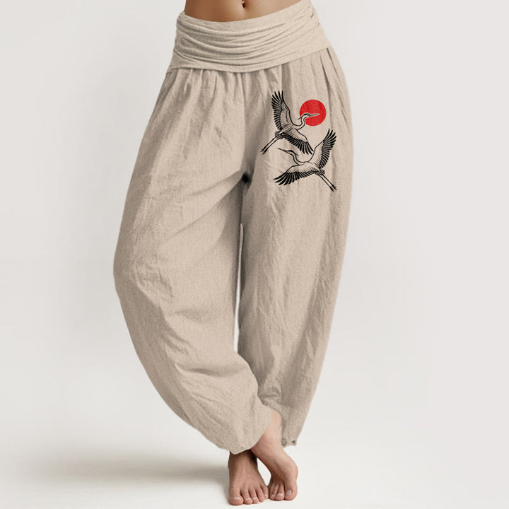 Pantalon sarouel en pur coton à taille élastique pour femme, motif Buddha Stones, soleil rouge et grues - Tanné - US22，UK/AU26，EU54 (6XL) - image 11