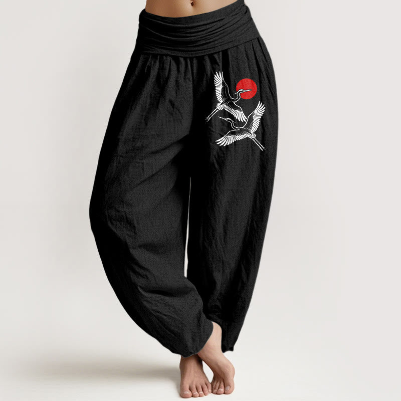 Pantalon sarouel en pur coton à taille élastique pour femme, motif Buddha Stones, soleil rouge et grues - Noir - US22，UK/AU26，EU54 (6XL) - image 0