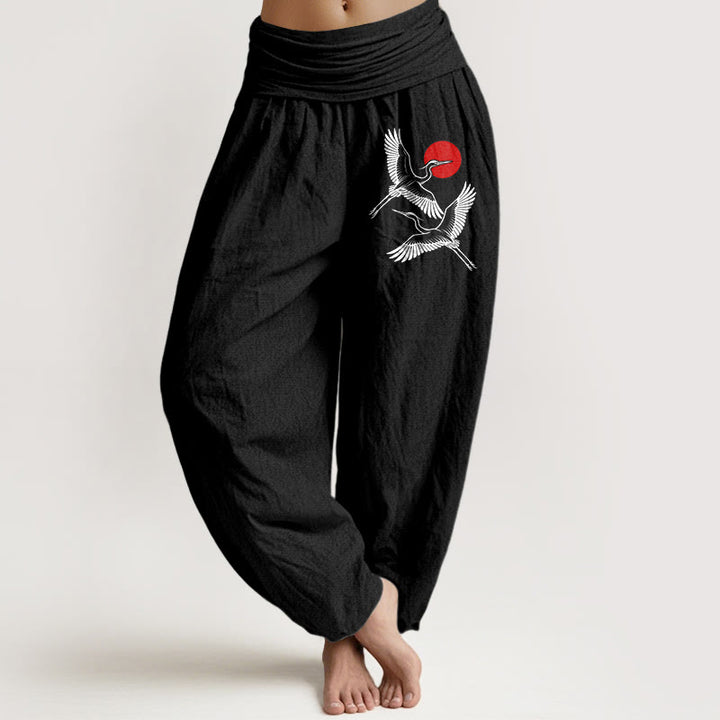 Pantalon sarouel en pur coton à taille élastique pour femme, motif Buddha Stones, soleil rouge et grues - Noir - US22，UK/AU26，EU54 (6XL) - image 0