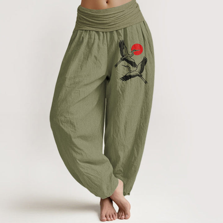 Pantalon sarouel en pur coton à taille élastique pour femme, motif Buddha Stones, soleil rouge et grues - OliveDrab - US22，UK/AU26，EU54 (6XL) - image 14