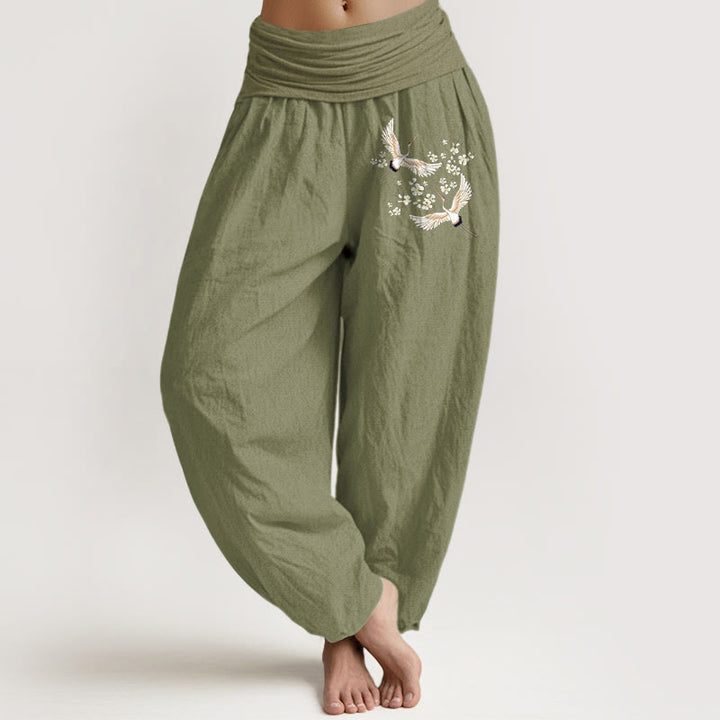 Pantalon sarouel en pur coton pour femme, motif Buddha Stones , grues et fleurs, taille élastique - Vert olive - US22，UK/AU26，EU54 (6XL) - image 14
