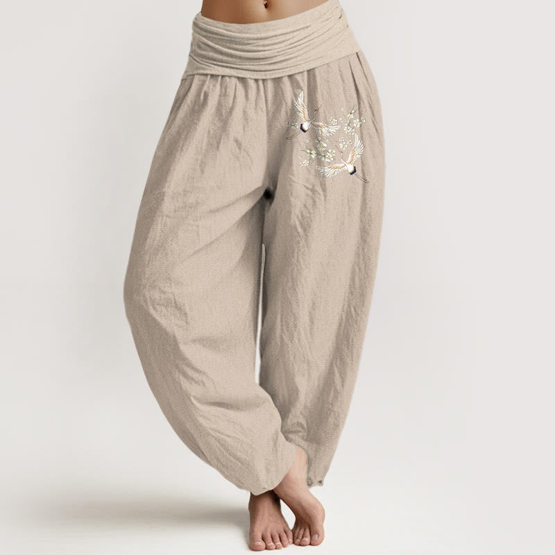 Pantalon sarouel en pur coton pour femme, motif Buddha Stones , grues et fleurs, taille élastique - Tanné - US22，UK/AU26，EU54 (6XL) - image 11