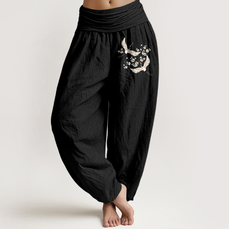 Pantalon sarouel en pur coton pour femme, motif Buddha Stones , grues et fleurs, taille élastique - Noir - US22，UK/AU26，EU54 (6XL) - image 0