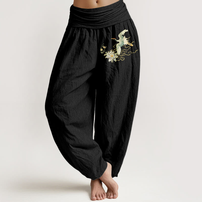 Pantalon sarouel en pur coton pour femme, taille élastique, motif Buddha Stones, grues et lotus - Noir - US22，UK/AU26，EU54 (6XL) - image 0