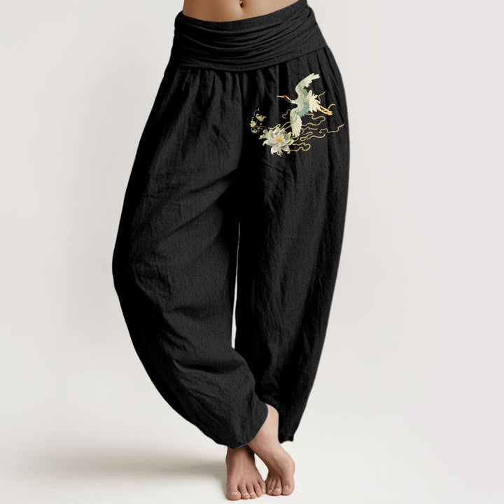 Pantalon sarouel en pur coton pour femme, taille élastique, motif Buddha Stones, grues et lotus - Noir - US22，UK/AU26，EU54 (6XL) - image 0