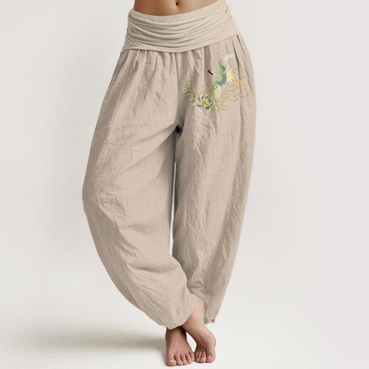 Pantalon sarouel en pur coton pour femme, taille élastique, motif Buddha Stones, grues et lotus - Tanné - US22，UK/AU26，EU54 (6XL) - image 11