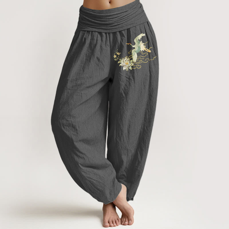 Pantalon sarouel en pur coton pour femme, taille élastique, motif Buddha Stones, grues et lotus - Gris - US22，UK/AU26，EU54 (6XL) - image 8
