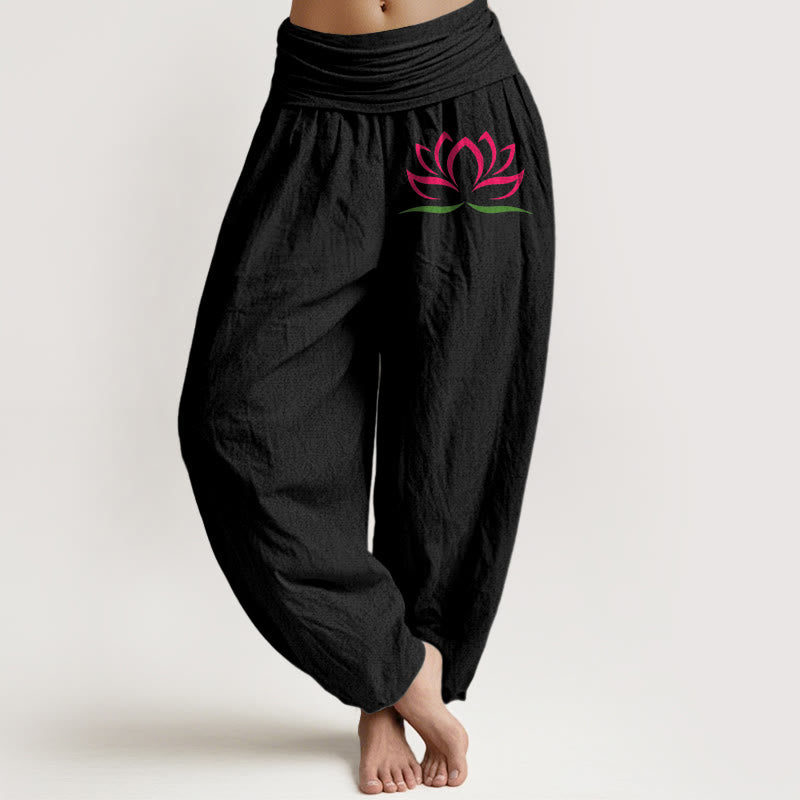 Pantalon sarouel en pur coton pour femme, motif lotus rose, taille élastique, design simple, Buddha Stones - Noir - US22，UK/AU26，EU54 (6XL) - image 0