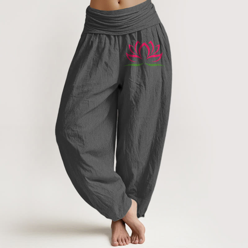 Pantalon sarouel en pur coton pour femme, motif lotus rose, taille élastique, design simple, Buddha Stones - Gris - US22，UK/AU26，EU54 (6XL) - image 8