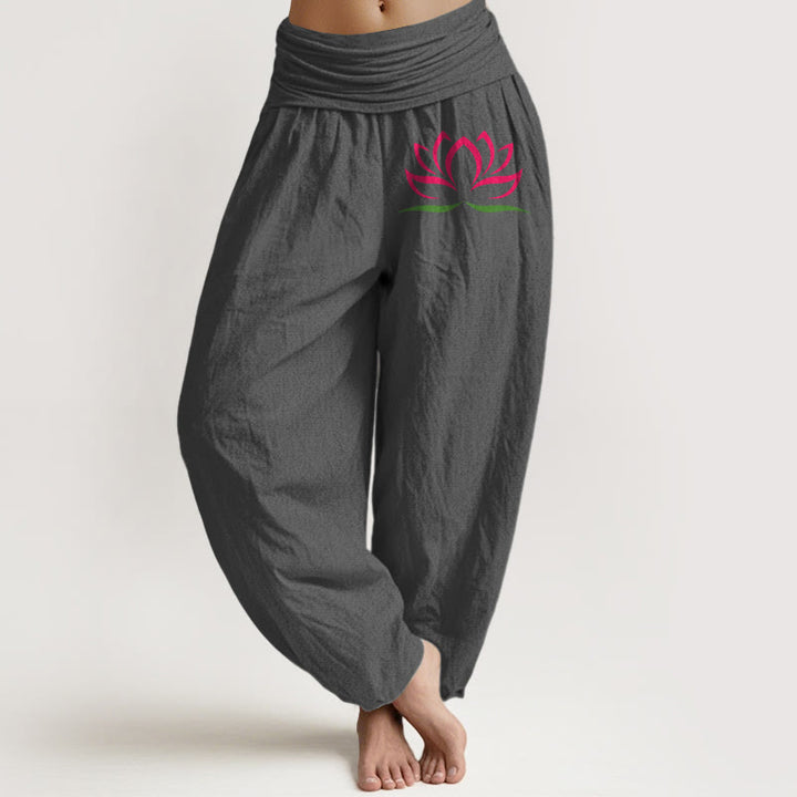 Pantalon sarouel en pur coton pour femme, motif lotus rose, taille élastique, design simple, Buddha Stones - Gris - US22，UK/AU26，EU54 (6XL) - image 8