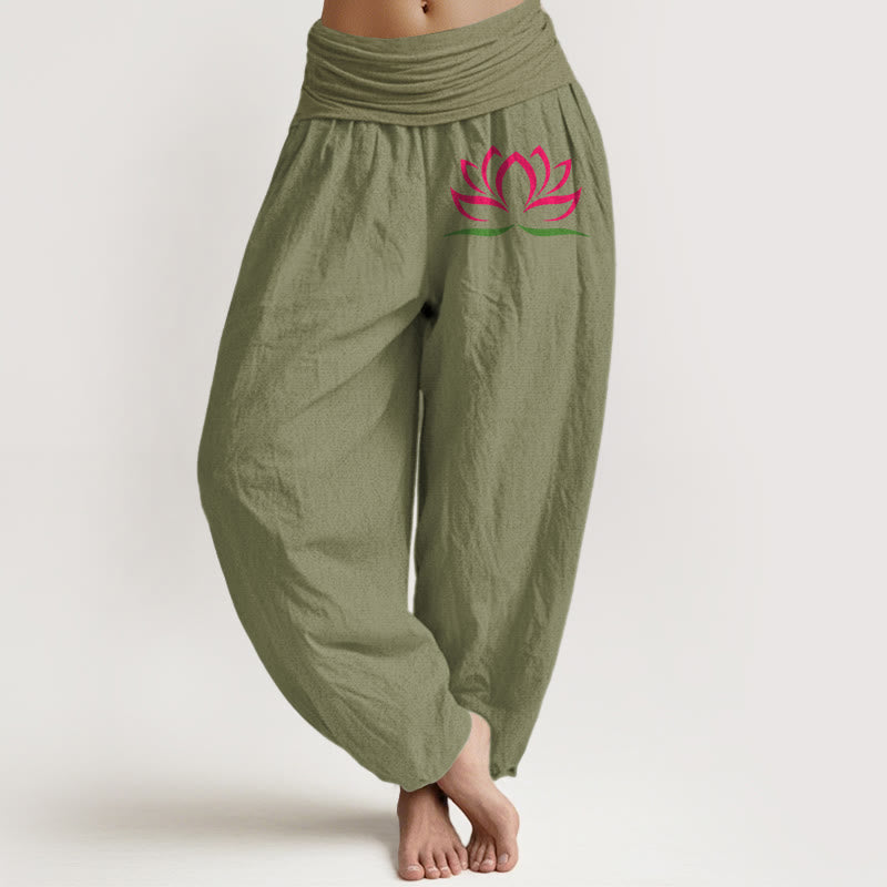 Pantalon sarouel en pur coton pour femme, motif lotus rose, taille élastique, design simple, Buddha Stones - Vert olive - US22，UK/AU26，EU54 (6XL) - image 14