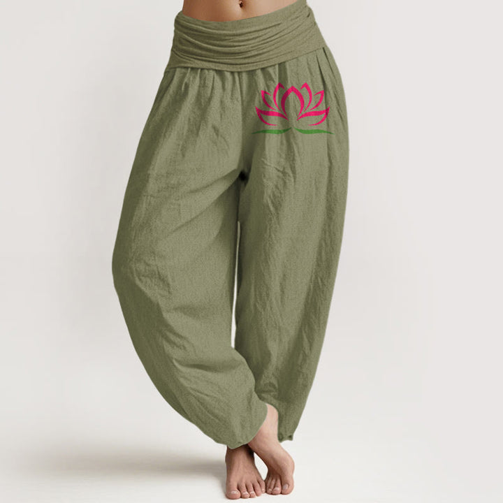 Pantalon sarouel en pur coton pour femme, motif lotus rose, taille élastique, design simple, Buddha Stones - Vert olive - US22，UK/AU26，EU54 (6XL) - image 14