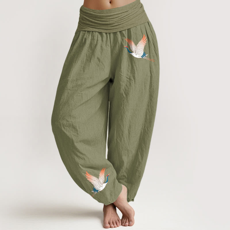 Pantalon sarouel en pur coton à taille élastique pour femme, motif Buddha Stones et deux grues gracieuses - OliveDrab - US22，UK/AU26，EU54 (6XL) - image 14