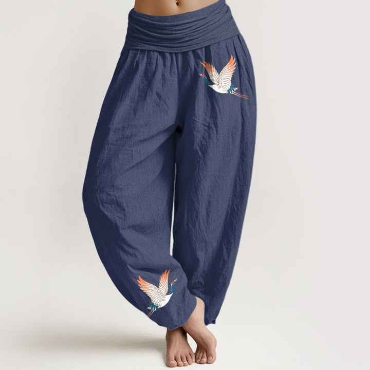 Pantalon sarouel en pur coton à taille élastique pour femme, motif Buddha Stones et deux grues gracieuses - Bleu ardoise foncé - US22，UK/AU26，EU54 (6XL) - image 5