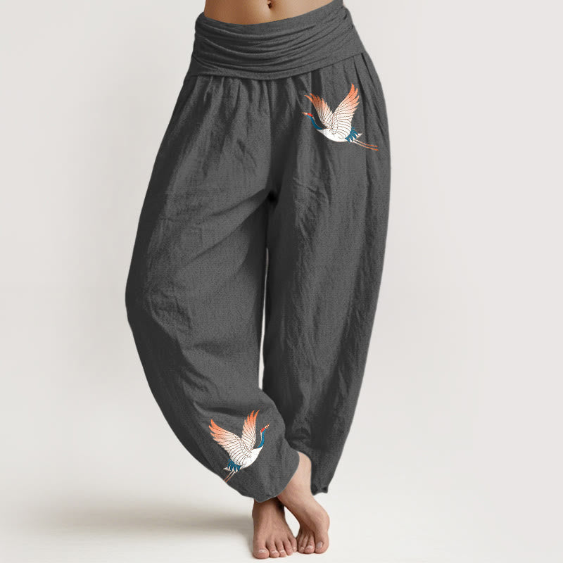 Pantalon sarouel en pur coton à taille élastique pour femme, motif Buddha Stones et deux grues gracieuses - Gris - US22，UK/AU26，EU54 (6XL) - image 8