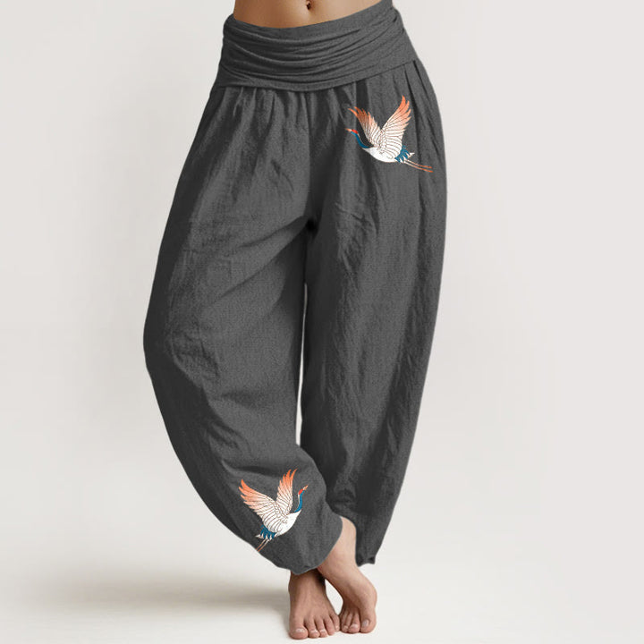 Pantalon sarouel en pur coton à taille élastique pour femme, motif Buddha Stones et deux grues gracieuses - Gris - US22，UK/AU26，EU54 (6XL) - image 8