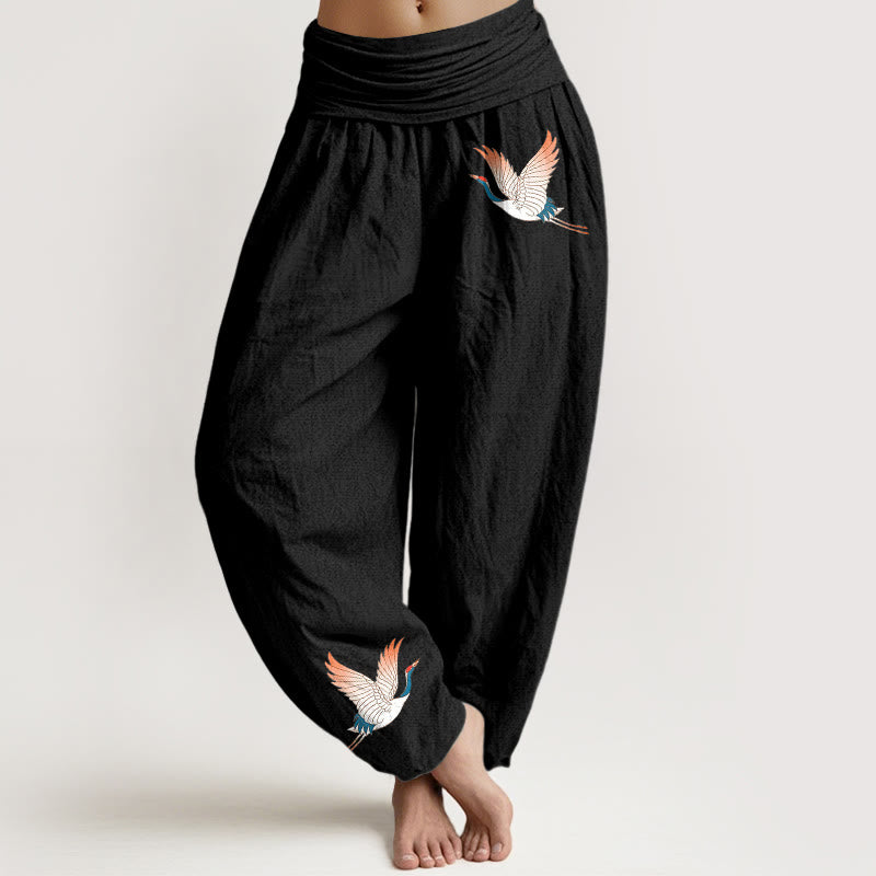 Pantalon sarouel en pur coton à taille élastique pour femme, motif Buddha Stones et deux grues gracieuses - Noir - US22，UK/AU26，EU54 (6XL) - image 0