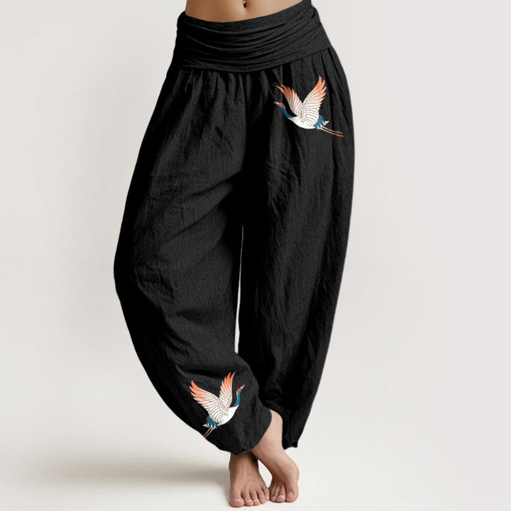 Pantalon sarouel en pur coton à taille élastique pour femme, motif Buddha Stones et deux grues gracieuses - Noir - US22，UK/AU26，EU54 (6XL) - image 0