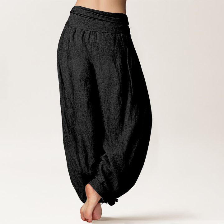 Pantalon sarouel en pur coton à taille élastique pour femme, motif Buddha Stones et deux grues gracieuses - image 1