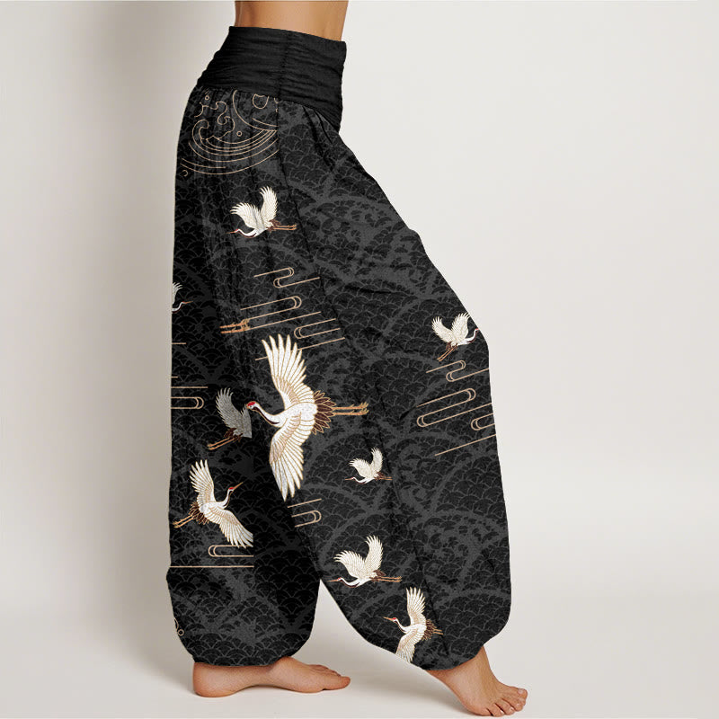 Pantalon sarouel en pur coton à taille élastique pour femme, imprimé Buddha Stones, grues et vagues - image 1