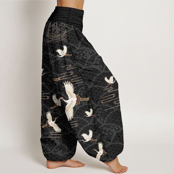 Pantalon sarouel en pur coton à taille élastique pour femme, imprimé Buddha Stones, grues et vagues - image 1
