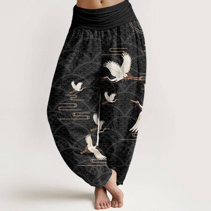Pantalon sarouel en pur coton à taille élastique pour femme, imprimé Buddha Stones, grues et vagues - Noir - US22，UK/AU26，EU54 (6XL) - image 0
