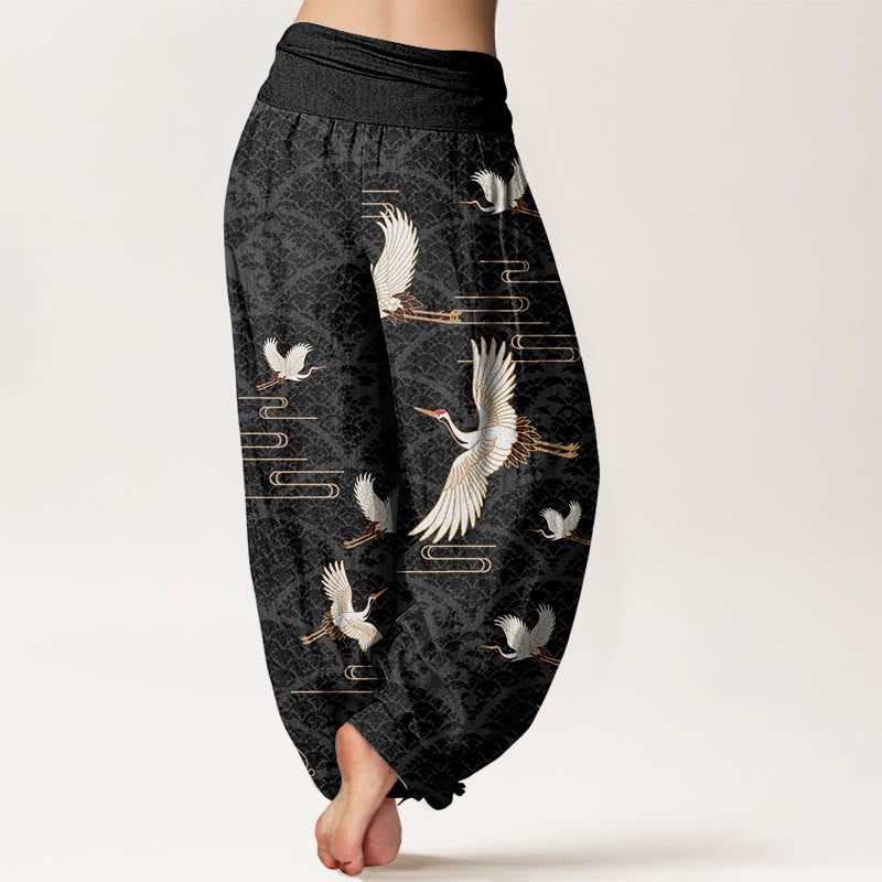 Pantalon sarouel en pur coton à taille élastique pour femme, imprimé Buddha Stones, grues et vagues - image 1