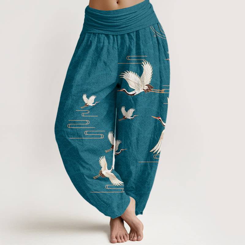 Pantalon sarouel en pur coton à taille élastique pour femme, imprimé Buddha Stones, grues et vagues - Cyan foncé - US22，UK/AU26，EU54 (6XL) - image 5
