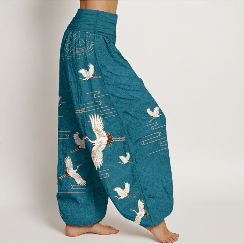 Pantalon sarouel en pur coton à taille élastique pour femme, imprimé Buddha Stones, grues et vagues - image 6