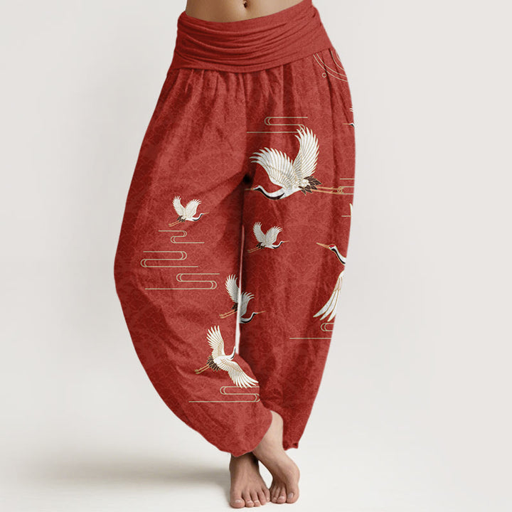 Pantalon sarouel en pur coton à taille élastique pour femme, imprimé Buddha Stones, grues et vagues - FireBrick - US22，UK/AU26，EU54 (6XL) - image 8