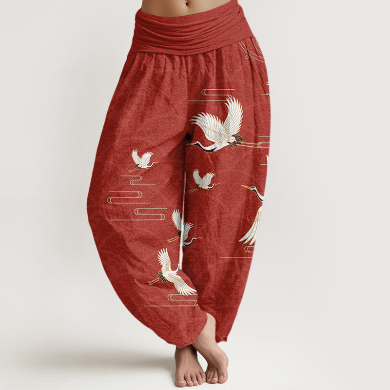 Pantalon sarouel en pur coton à taille élastique pour femme, imprimé Buddha Stones, grues et vagues - Brique réfractaire - US22，UK/AU26，EU54 (6XL) - image 8