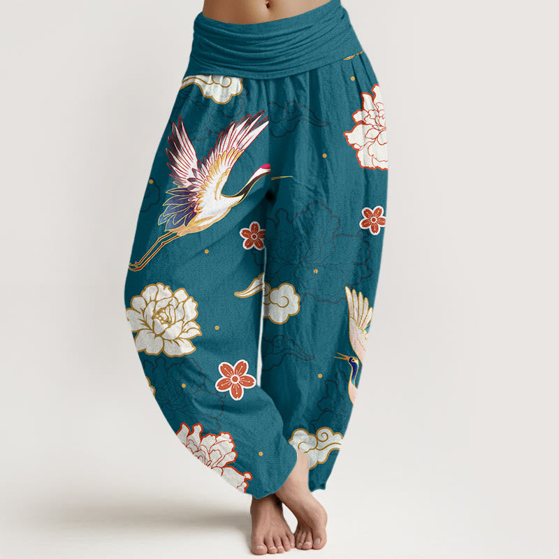 Pantalon sarouel en pur coton à taille élastique pour femme, imprimé Buddha Stones , pivoines - Cyan foncé - US22，UK/AU26，EU54 (6XL) - image 0