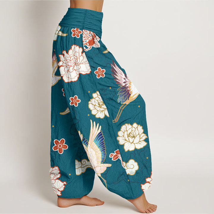 Pantalon sarouel en pur coton à taille élastique pour femme, imprimé Buddha Stones , pivoines - image 2