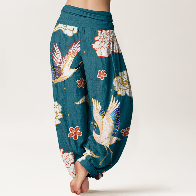 Pantalon sarouel en pur coton à taille élastique pour femme, imprimé Buddha Stones , pivoines - image 1