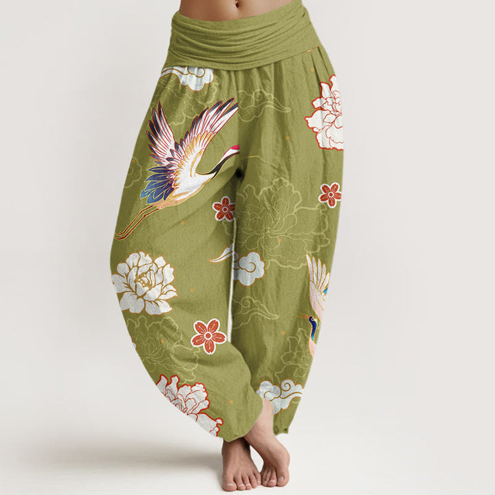 Pantalon sarouel en pur coton à taille élastique pour femme, imprimé Buddha Stones , pivoines - JauneVert - US22，UK/AU26，EU54 (6XL) - image 8