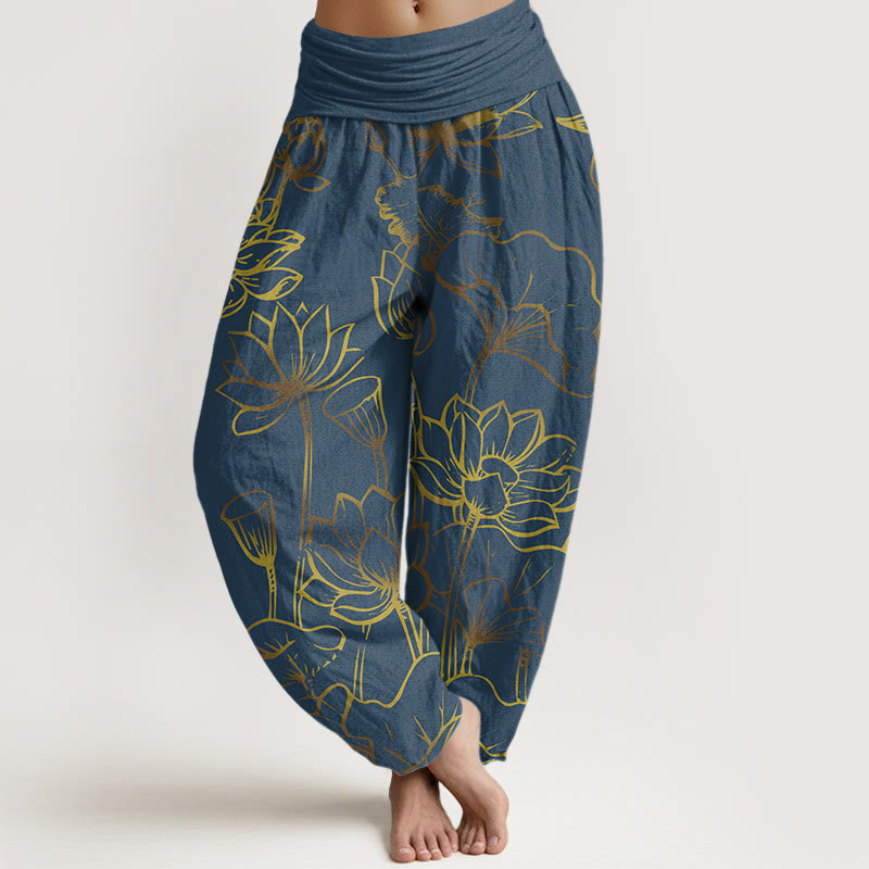 Pantalon sarouel en coton à taille élastique pour femme, imprimé Buddha Stones, fleurs de lotus et feuilles - Bleu acier - US22，UK/AU26，EU54 (6XL) - image 0