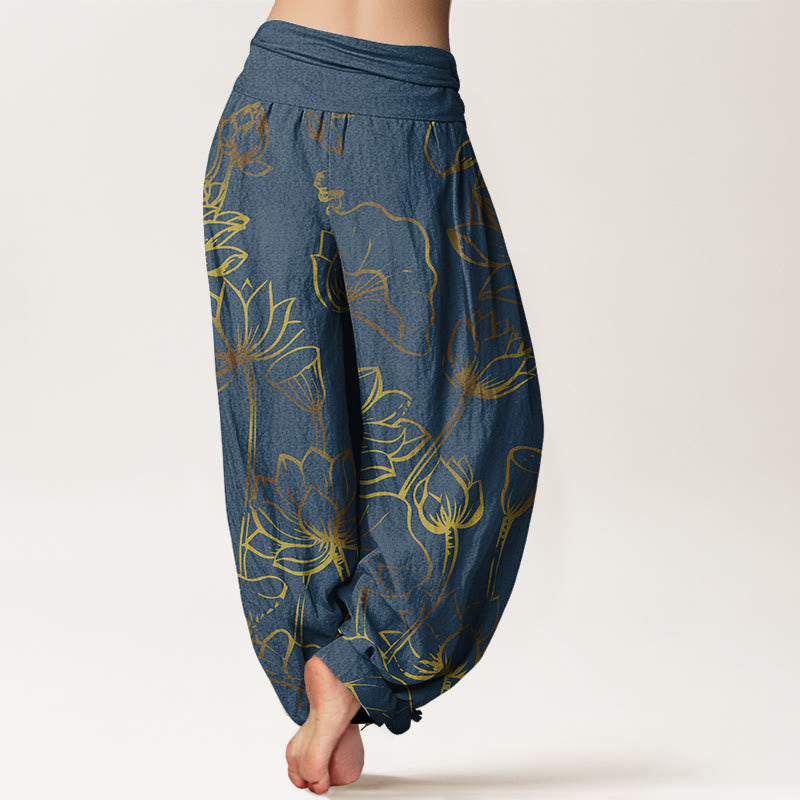 Pantalon sarouel en coton à taille élastique pour femme, imprimé Buddha Stones, fleurs de lotus et feuilles - image 1