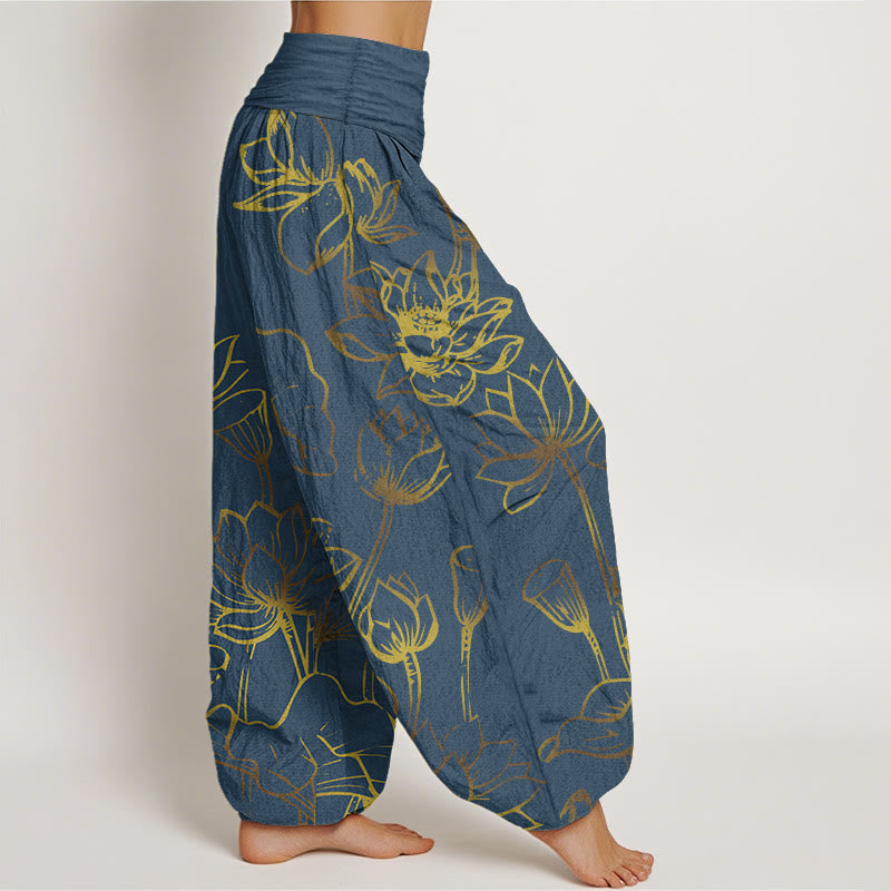 Pantalon sarouel en coton à taille élastique pour femme, imprimé Buddha Stones, fleurs de lotus et feuilles - image 1