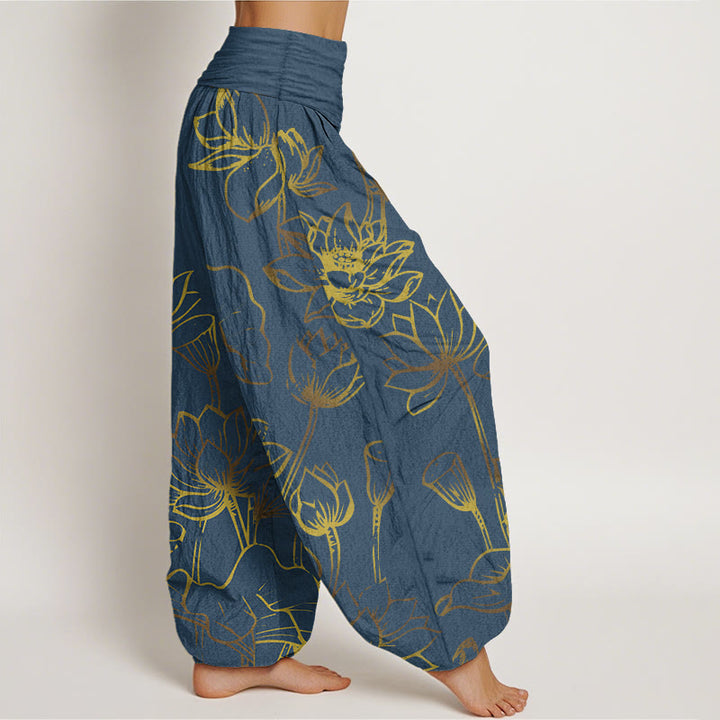 Pantalon sarouel en coton à taille élastique pour femme, imprimé Buddha Stones, fleurs de lotus et feuilles - image 1