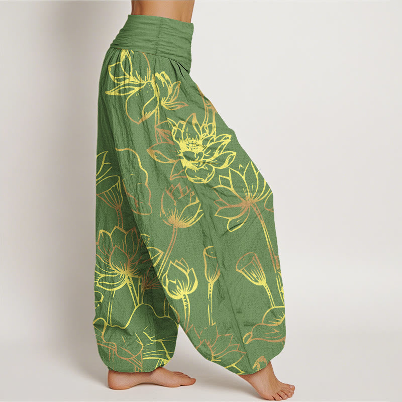 Pantalon sarouel en coton à taille élastique pour femme, imprimé Buddha Stones, fleurs de lotus et feuilles - image 6