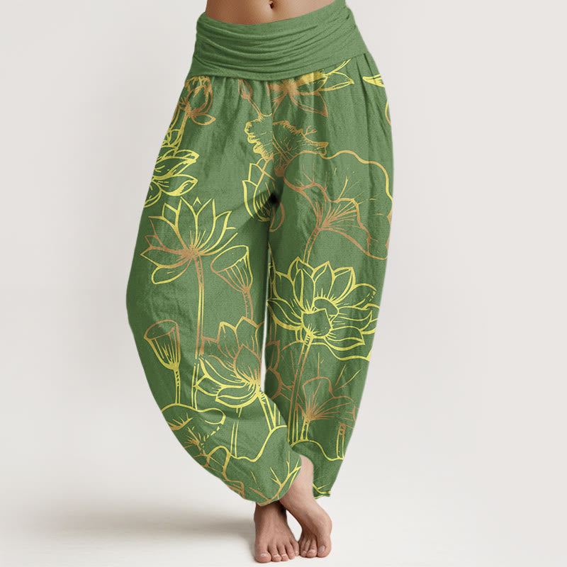 Pantalon sarouel en coton à taille élastique pour femme, imprimé Buddha Stones, fleurs de lotus et feuilles - Vert forêt - US22，UK/AU26，EU54 (6XL) - image 5