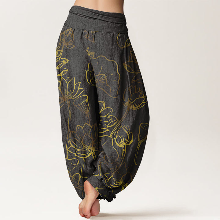 Pantalon sarouel en coton à taille élastique pour femme, imprimé Buddha Stones, fleurs de lotus et feuilles - image 9