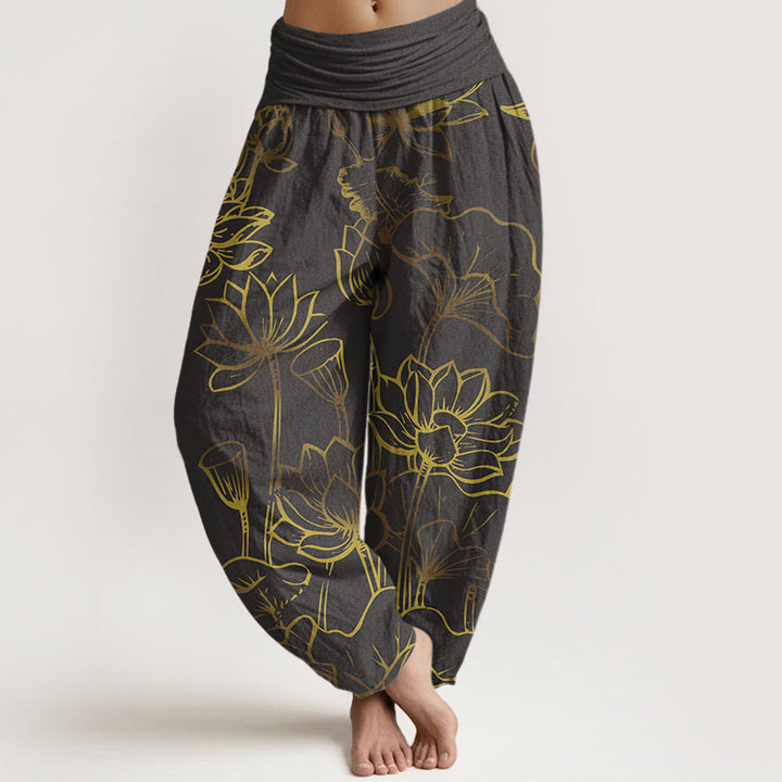 Pantalon sarouel en coton à taille élastique pour femme, imprimé Buddha Stones, fleurs de lotus et feuilles - Gris ardoise - US22，UK/AU26，EU54 (6XL) - image 8