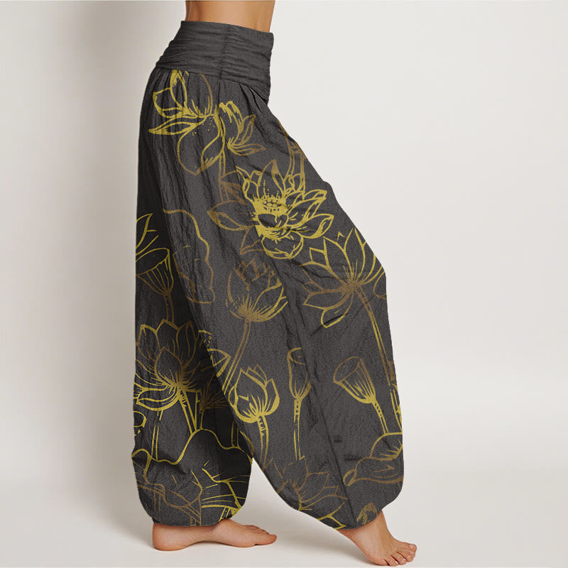 Pantalon sarouel en coton à taille élastique pour femme, imprimé Buddha Stones, fleurs de lotus et feuilles - image 9