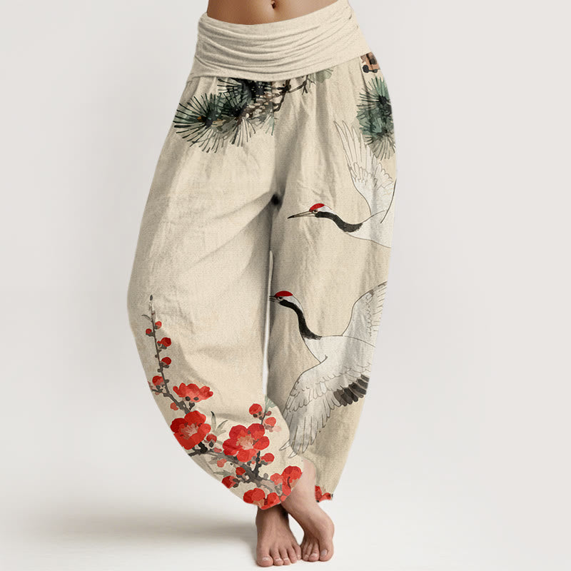 Pantalon sarouel en coton à taille élastique pour femme, imprimé Buddha Stones , fleurs de prunier - Beige - US22，UK/AU26，EU54 (6XL) - image 0