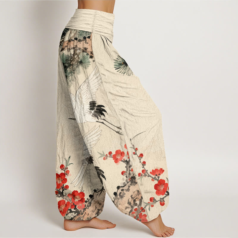 Pantalon sarouel en coton à taille élastique pour femme, imprimé Buddha Stones , fleurs de prunier - image 1